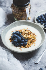 Granola with yogurt and blueberries in a plate on a gray background
