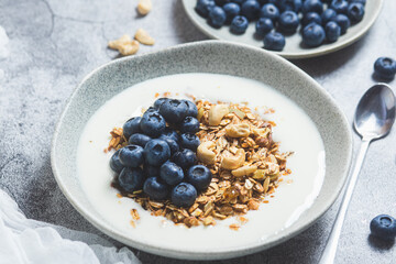 Granola with yogurt and blueberries in a plate on a gray background