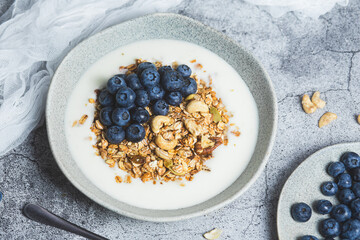 Granola with yogurt and blueberries in a plate on a gray background