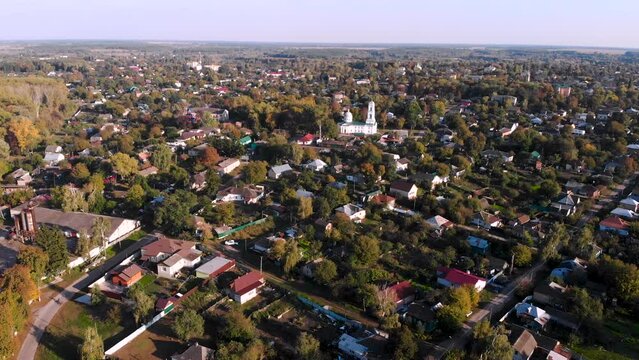 Aerial footage. Beautiful city of Oster. Panoramic aerial view of the central part of the city. Chernihiv Oblast, Ukraine.