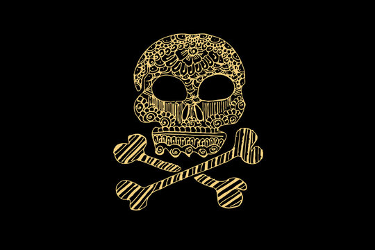 Zentangle art for Skull and bones with gold color isolated on dark black background - vector illustration