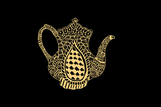 recommend clip art: Zentangle art for Water pot with gold color isolated on dark black background - vector illustration