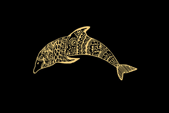 Zentangle art for Dolphin with gold color isolated on dark black background - vector illustration