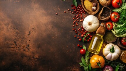 Spices and herbs on stone background. Top view with copy space