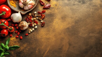 Spices and herbs on stone background. Top view with copy space - obrazy, fototapety, plakaty