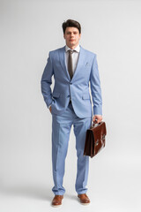 Young man in a blue business suit, white shirt and tie with a leather briefcase