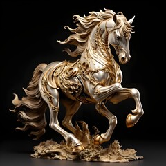 Fototapeta na wymiar Gold war horse statue isolated on black background