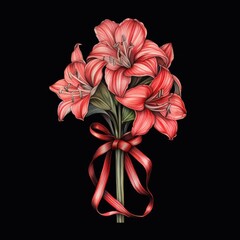 Fototapeta premium Amaryllis Bouquet Flowers on a Black Background. Generative ai