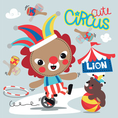 Funny cartoon clown lion riding on unicycle with little bear at the circus on isolated background illustration vector. © singtamuang