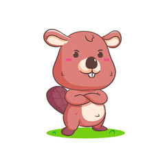 Obraz na płótnie Canvas Cute Beaver Cartoon Character Crossed Arm Mascot vector illustration. Kawaii Adorable Animal Concept Design. Isolated White background.
