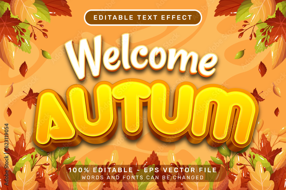 Poster welcome autumn 3d text effect and editable text effect with autumn leaves illustration