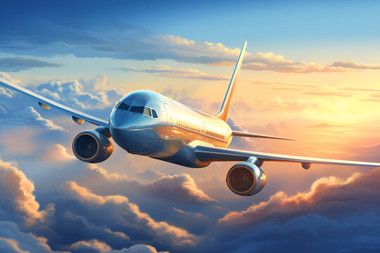 Passengers commercial airplane flying above clouds in sunset light. AI Generative