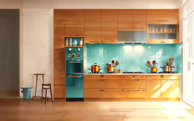 illustration digital painting drawing of modern minimal kitchen room, generative AI