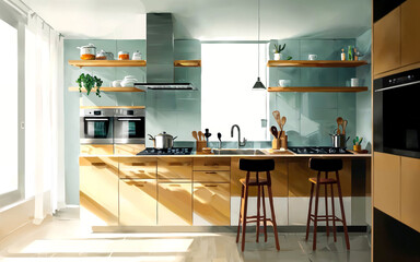 illustration digital painting drawing of modern minimal kitchen room, generative AI