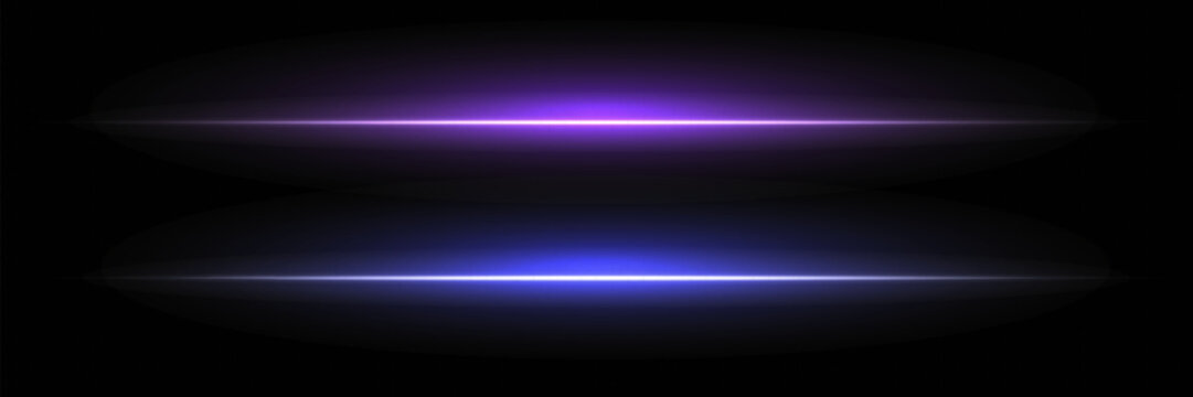Blue and purple lens flares pack. Laser beams, horizontal light rays. Beautiful light flares. Glowing streaks on dark background.