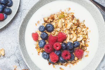 Granola with yogurt, raspberries, blueberries in a plate on a gray background