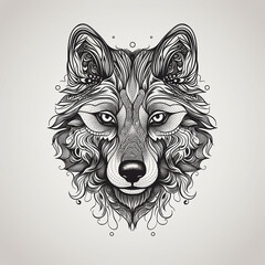 A very simple black and white tattoo design style line drawing illustration of a wolf head with generative AI technology