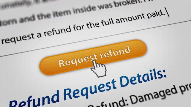 Animated Mouse Cursor Clicking Request Refund Button. Fictitious Data Created Exclusively for This Concept Footage
