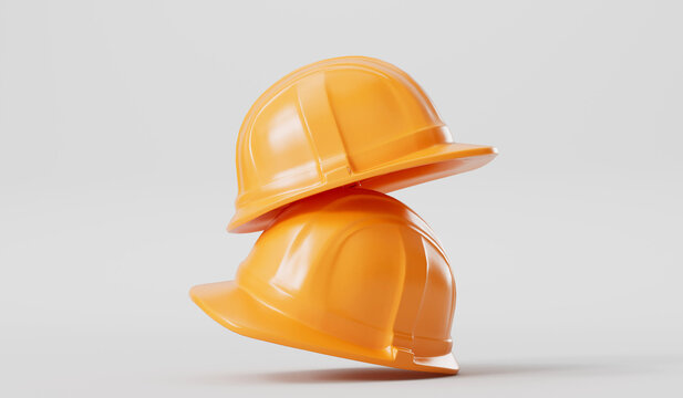 Construction hard hats on a plain background. Protective headwear. 3D rendering