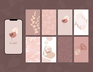 Social media story layout in shades of delicate pastel beige, powder shades pink, pale brown, red. Abstract shapes, eucalyptus branches, spots, lines, checkered pattern.