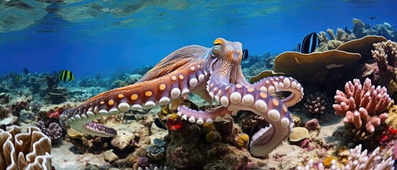 octopus in the coral reef, animals of the underwater sea world, Generative AI - obrazy, fototapety, plakaty