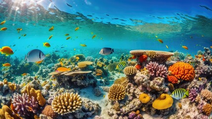 Fototapeta na wymiar Colorful tropical fish life in the coral reef, animals of the underwater sea world, Generative AI