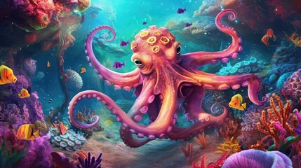 octopus in the coral reef, animals of the underwater sea world, Generative AI - obrazy, fototapety, plakaty