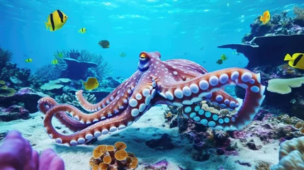  octopus in the coral reef, animals of the underwater sea world, Generative AI © khwanchai