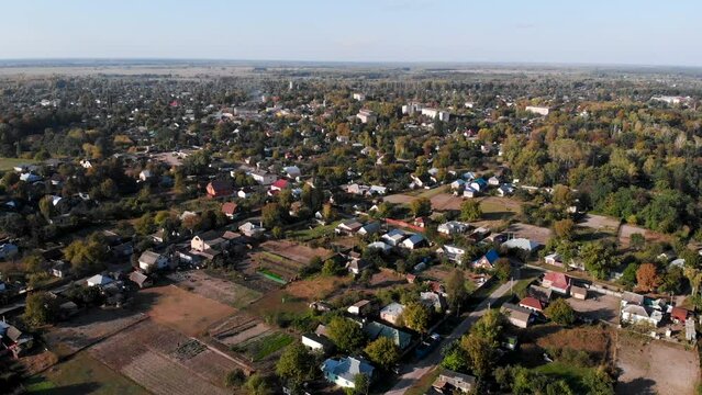 Aerial footage. The town of Oster. An aerial view of the houses and cottages in the countryside. Chernihiv Oblast, Ukraine.