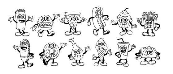 Vector Cartoon Funny Fast Food Characters Mascots Set Isolated