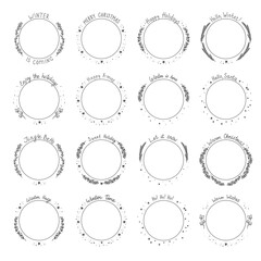 Collection of round frames with festive winter hand-drawn lettering. Decorative circular border templates for cards, labels and invitations. illustration on transparent background