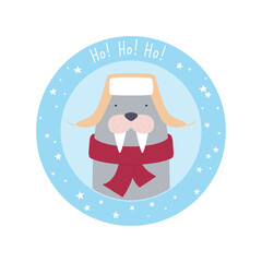 Round card with a cute walrus in a hat and a scarf with the text 