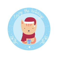 Round card with a cute cat in a hat and a scarf with the text 