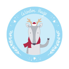 Round card with a cute deer in a hat and a scarf with the text 