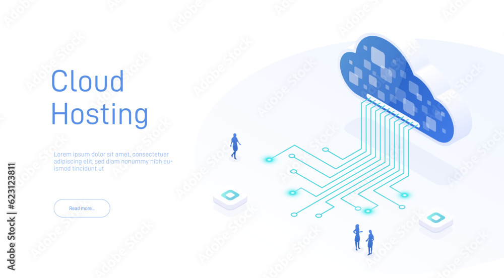 Poster cloud hosting and technology networking concept. web cloud technology business. internet data servic
