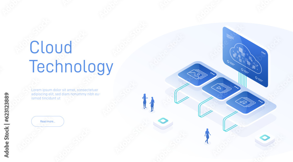 Poster cloud storage isometric. computer service technology. network infrastructure. data server platform. 
