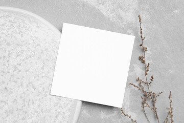 Blank square paper card mockup, botanical invitation or flyer card on grey background