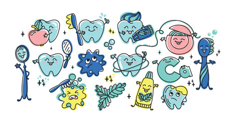 Children's dentistry. Set of funny characters,  teeth, toothbrush, toothpaste and dental tools.