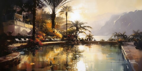 abstarct pool at over the mountains, Big Pool and Palm Trees Surrounded by Sea and Mountainous Vistas, Infused with Brent Heighton's Woven Perforated Artistry, Bathed in Backlight for a Dream