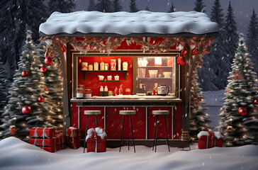 winter food street. food truck on a snowy street. Christmas illustration, ai generative