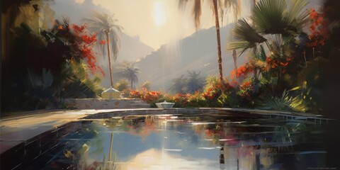 abstarct pool at over the mountains, Big Pool and Palm Trees Surrounded by Sea and Mountainous Vistas, Infused with Brent Heighton's Woven Perforated Artistry, Bathed in Backlight for a Dream