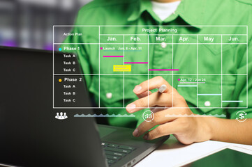 A project manager works, checks, and updates tasks with milestones progress planning, and Gantt...