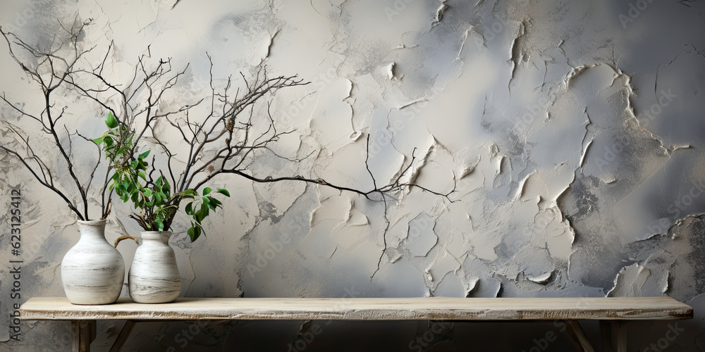 Aufkleber two white vases with branches in them on a table. generative ai.