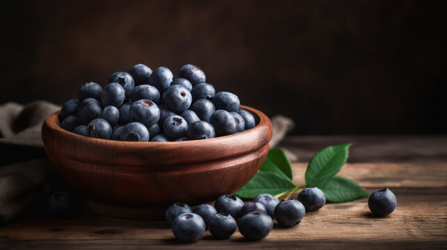 Fresh blueberries in a wooden bowl on a wooden table close-up. Background with ripe fresh blueberries. Superfood, healthy food, AI generated