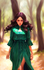 digital painting illustration of young woman in the forest jungle, generative AI
