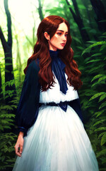 digital painting illustration of young woman in the forest jungle, generative AI