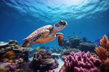 Sea turtles and fish swim among rocks and coral. Underwater concept. Generative AI