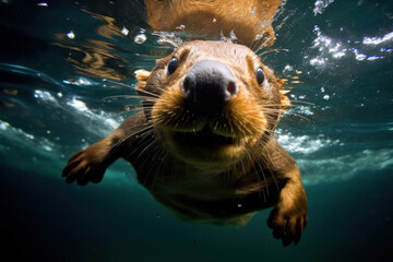Fototapeta premium otter swimming underwater. Generative ai