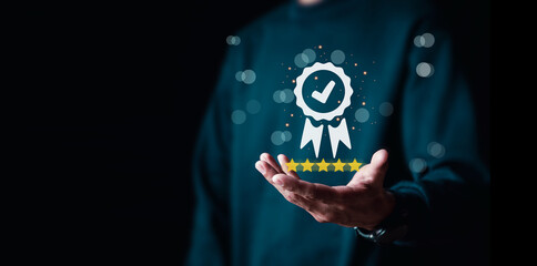 Quality control, satisfaction, good product and service, customer, Hand shows the sign of top service Quality assurance 5 star, Guarantee, Standards, ISO certification.