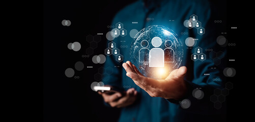 Customer Relationship Management, Businessman touch on icon with global structure customer network technology, Data exchanges development.digital marketing online.